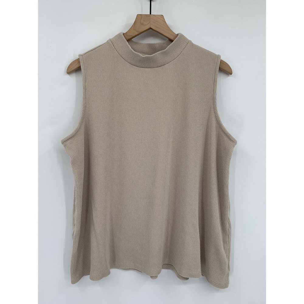 Eileen Fisher Shirt Womens 1X Beige Mock Neck Ribbed Sleeveless Lyocell Cotton